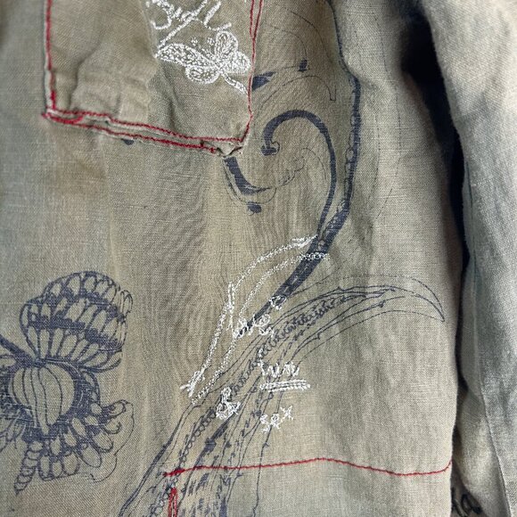 Desigual Embroidered Distressed Green Hooded Jacket Sz M Eclectic Edgy Artsy - Picture 14 of 16